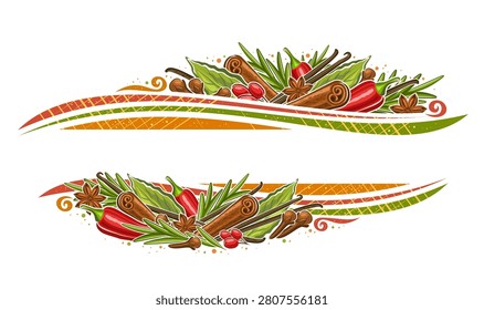 Vector Border for Spices with empty copy space for ad text, horizontal banner with illustration of different oriental spice composition, decorative promotion sign board for asian spice bazaar on white