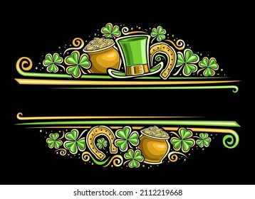 Vector Border for St Patrick's Day with copy space for text, horizontal template with illustration of shamrock leaves, leprechaun top hat, decorative flourishes for st patricks day on dark background