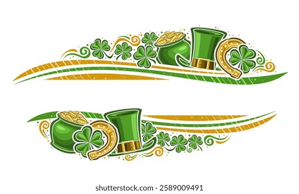 Vector Border for St. Patrick's Day with copy space for ad text, horizontal layout with outline illustration of patricks hat and cartoon flourishes, design elements for patrick day on white background