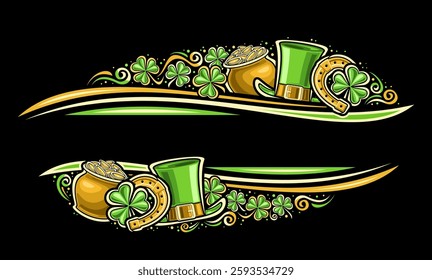 Vector Border for St. Patrick's Day with copy space for ad text, decorative layout with outline illustration of patricks hat and cartoon flourishes, design elements for patrick day on dark background