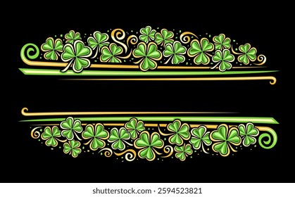 Vector Border for St. Patrick's Day with copy space for ad text, horizontal layout with outline illustration of shamrock leaves and cartoon flourishes, floral design elements for patrick day on dark