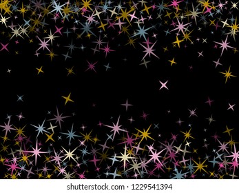 Vector border of star sparkle texture glitter pattern. Premium colored confetti of flying stars, magic geometric sparkles stardust vector background frame. Modern party design.