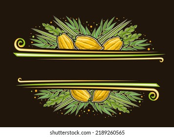 Vector border for Sukkot with blank copy space for congratulation text, decorative greeting card with illustration of traditional four species leaves for sukkot judaic celebration on dark background