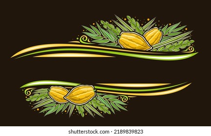 Vector border for Sukkot with empty copy space for congratulation text, decorative greeting card with illustration of traditional four species leaves for sukkot judaic celebration on dark background