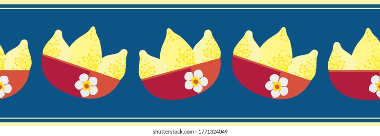 Vector border with textured lemons in red floral bowls. Seamless citrus fruit banner with space for text on navy blue backdrop with striped edging. Hand drawn graphic design with summer vibe.