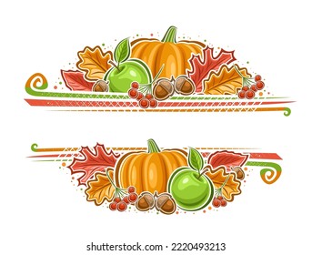 Vector border for Thanksgiving Day with empty copy space for congratulation text, decorative invitation with illustration of orange pumpkin, green apples and rowan branch for thanksgiving day on white