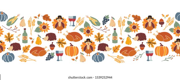 Vector border Thanksgiving. Seamless Autumn food roast turkey corn wine pumpkin family dinner greeting card repeating pattern design. Harvest festival. Fall party invitation banner. Happy Thanksgiving