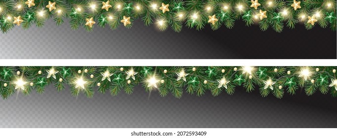  Vector Border With White Fir Branches And With Festive Decoration Elements. Christmas Tree Garland With Fir Branches And Glass Decoration.