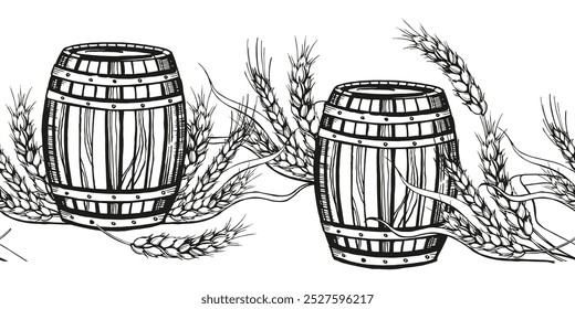 borda vetorial com barril de madeira para vinho, cerveja, uísque e orelhas de trigo, desenhado à mão ilustração preta e branca de barril de carvalho de madeira, planta de trigo, ilustração tingida, esboço fundo branco isolado