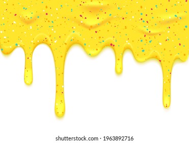 Vector Border with Yellow Ice Cream with Sprinkles Dripping Down. Splash Paint Illustration