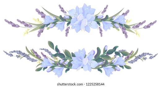 Vector borders of freesia and lavender flowers. All elements are isolated.