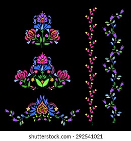 vector borders and headers. folk Polish European style, with abstract floral motives. very colorful and vibrant, for banners, ads. cards, invitations. design elements set. 