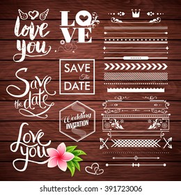 Vector borders, lines, arrows and save the date with wedding invitation labels on wooden background