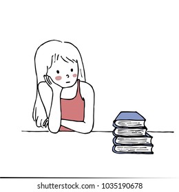 vector bored cute woman thinking to reading book
