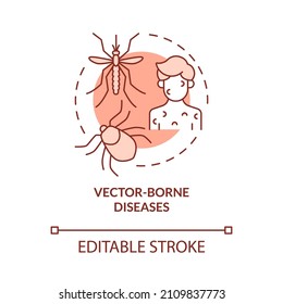 Icono de concepto rojo de enfermedades transmitidas por vectores. El cambio climático y la idea abstracta de salud ilustran en líneas delgadas. Dibujo de contorno aislado. Trazo editable. Fuentes Roboto-Medium, Myriad Pro-Bold utilizadas