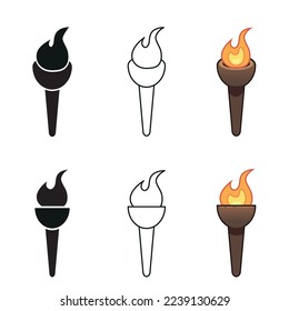 Vector borning torch icons isolated on white. Simple torch flaming fire pictograms line art, silhouette and color