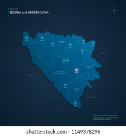 Vector Bosnia and Herzegovina
 map illustration with blue neon lightpoints - triangle on dark blue gradient background. Administrative divisions, cities, borders, capital. Neon tech background with gl