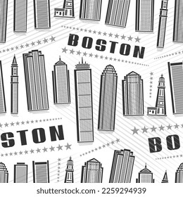 Vector Boston Seamless Pattern, square repeating background with illustration of famous boston city scape on white background for wrapping paper, monochrome line art urban poster with dark text boston