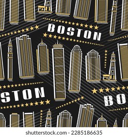 Vector Boston Seamless Pattern, square repeating background with illustration of famous boston city scape on dark background for wrapping paper, decorative line art urban poster with white text boston