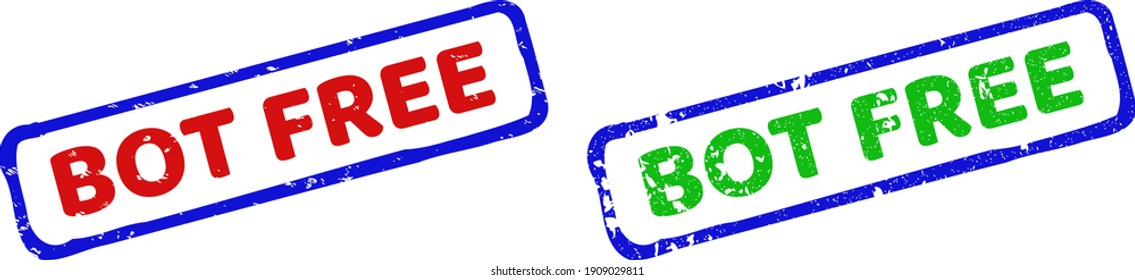 Marcas de agua enmarcadas GRATUITAMENTE con superficie rayada. Sellos de sello rectangulares rígidos bicolor. Colores rojos, azules y verdes. Marcas de agua planas grunge con la frase BOT LIBRE dentro de un rectángulo grueso.