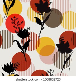 Vector botanic Black silhouette floral seamless pattern on modern colorful stripe polka dot, delicate flower wallpaper, wild flowers wallpaper on white background Vector botanic Black silhouette floral seamless pattern on modern colorful stripe polka dot, delicate flower wallpaper, wild flowers wallpaper on white background