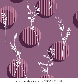 Vector botanic silhouette floral seamless pattern on modern stripe polka dot, delicate flower wallpaper, wild flowers  wallpaper on a monotone violet background