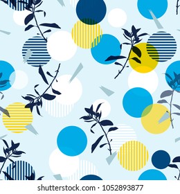 Vector botanic silhouette floral seamless pattern on colorful modern  stripe polka dot, delicate flower wallpaper, wild leaves wallpaper on  light blue background