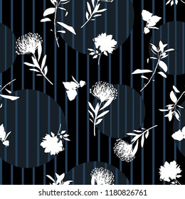 Vector botanic silhouette floral seamless pattern on modern colorful stripe polka dot, delicate flower wallpaper, wild flowers  wallpaper on black line color background