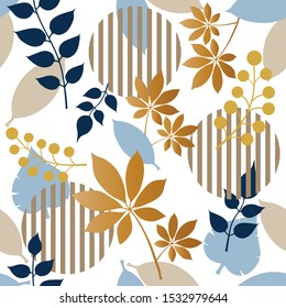 Vector botanic silhouette floral seamless pattern on modern colorful sptriped circles,flower wallpaper on white background.EPS10 Illustration.