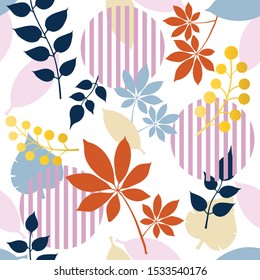 Silueta botánica vectorial, con un patrón sin fisuras en modernos círculos espumados de color, tapicería floral sobre fondo blanco.EPS10 Ilustración.
