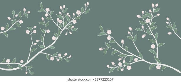 Vector botanical art. Delicate exotic chinoiserie design in shades of green with blooming apple trees. Colored vector illustration for print, cover, decor, fabric.	