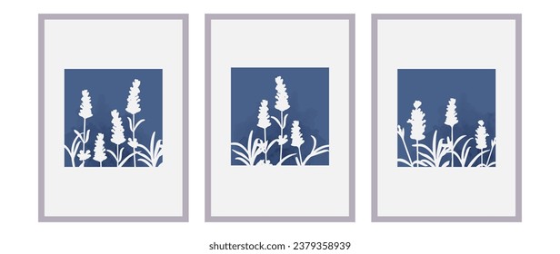 Juego de pósters de arte botánico vectorial. Imágenes a mano de ramos de lavanda con forma geométrica y acuarela al fondo. Ilustración para decoración casera, postales, interiores, impresos.	