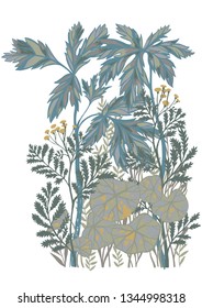 Vector botanical artwork. Floral pencil drawing made of meadow flowers, foliage, stems and leaves. Hand drawn nature illustration. Good for poster, card, banner, print.