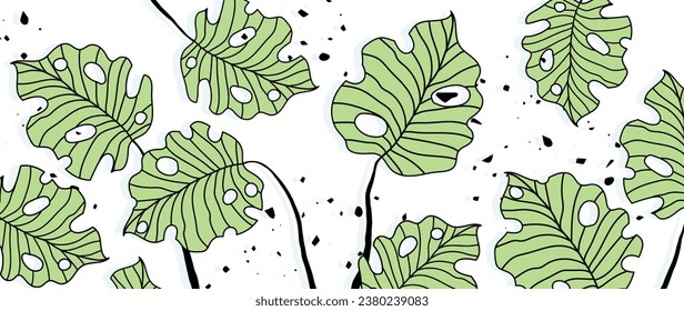 Vector botanical background art. Tropical abstract monstera pattern with shadows on a white background. Abstract floral design for print, cover, wallpaper, minimal and natural wall art.	