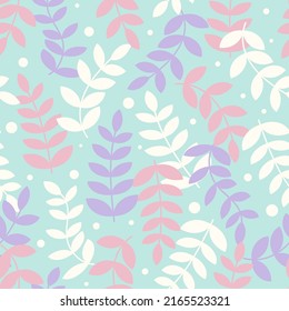 Vector botanical background. Colorful floral seamless pattern. Modern trendy print with leaves and sprouts for fabric, paper, package, and ony surface