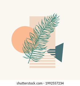 Vector Botanical Background Decorative Layout. Hand Drawn Palm Leaves Branch with Abstract Geometric Shapes. Contemporary Art Design for Cover, Wall Decor, Apparel Print, Wallpaper.