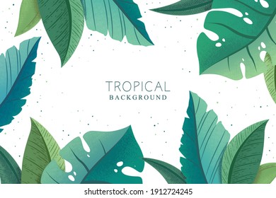 Vector botanical background with green trendy exotic palm and monstera leaves isolated on white background. Design for print, fabric, invitation, brochure, card, cover, wallpaper