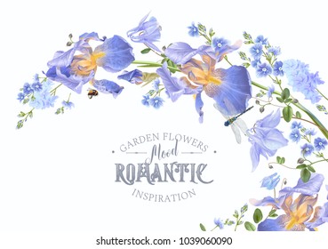 Vector botanical banner with blue flower wave on white background. Floral design for natural cosmetics, perfume, women products. Can be used as greeting card, wedding invitation, spring background