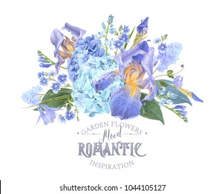 Vector botanical banner with blue flower composition on white. Floral design for natural cosmetics, perfume, women products. Can be used as greeting card, wedding invitation, spring background