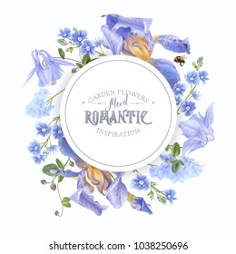 Vector botanical banner with blue flowers on white background. Floral design for natural cosmetics, perfume, women products. Can be used as greeting card, wedding invitation, spring background