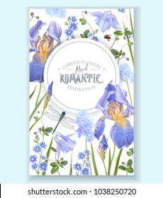 Vector botanical banner with blue flowers and dragonfly on white. Floral design for natural cosmetics, perfume, women products. Can be used as greeting card, wedding invitation, spring background