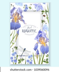 Vector botanical banner with blue flowers on white background. Floral design for natural cosmetics, perfume, women products. Can be used as greeting card, wedding invitation, spring background