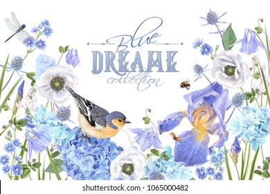 Vector botanical banner with blue flowers and bird on white background. Floral design for natural cosmetics, perfume, women product. Can be used as greeting card, wedding invitation, summer background