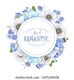 Vector botanical banner with blue flowers isolated on white background. Floral design for natural cosmetics, perfume, women products, greeting card, wedding invitation, summer background