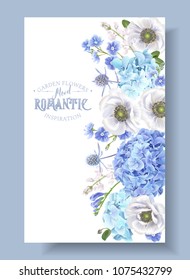 Vector botanical banner with blue flowers isolated on white background. Floral design for natural cosmetics, perfume, women products, greeting card, wedding invitation, summer background