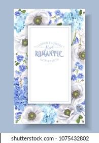 Vector botanical banner with blue flowers isolated on white background. Floral design for natural cosmetics, perfume, women products, greeting card, wedding invitation, summer background