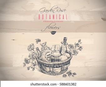 Vector botanical banner with hand drawn rose cosmetic basket on wooden background. Elegant graphic style design for organic cosmetics, health care products, aromatherapy. With place for text