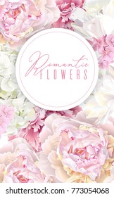 Vector botanical banner with pink peony, white hydrangea and tulip flowers. Romantic design for natural cosmetics, perfume, women products. Can be used as greeting card or wedding invitation