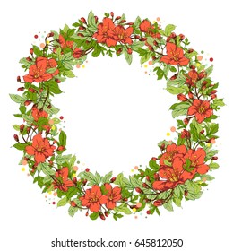 Vector botanical banner with round frame of hand-painted flowers in bright colors on white background. Can be used as background, card, invitation or cover for natural cosmetic and health care product