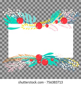 Vector botanical banner. Square copyspace surrounded by pastel color berries, flowers and leaves and twigs. Transparent background